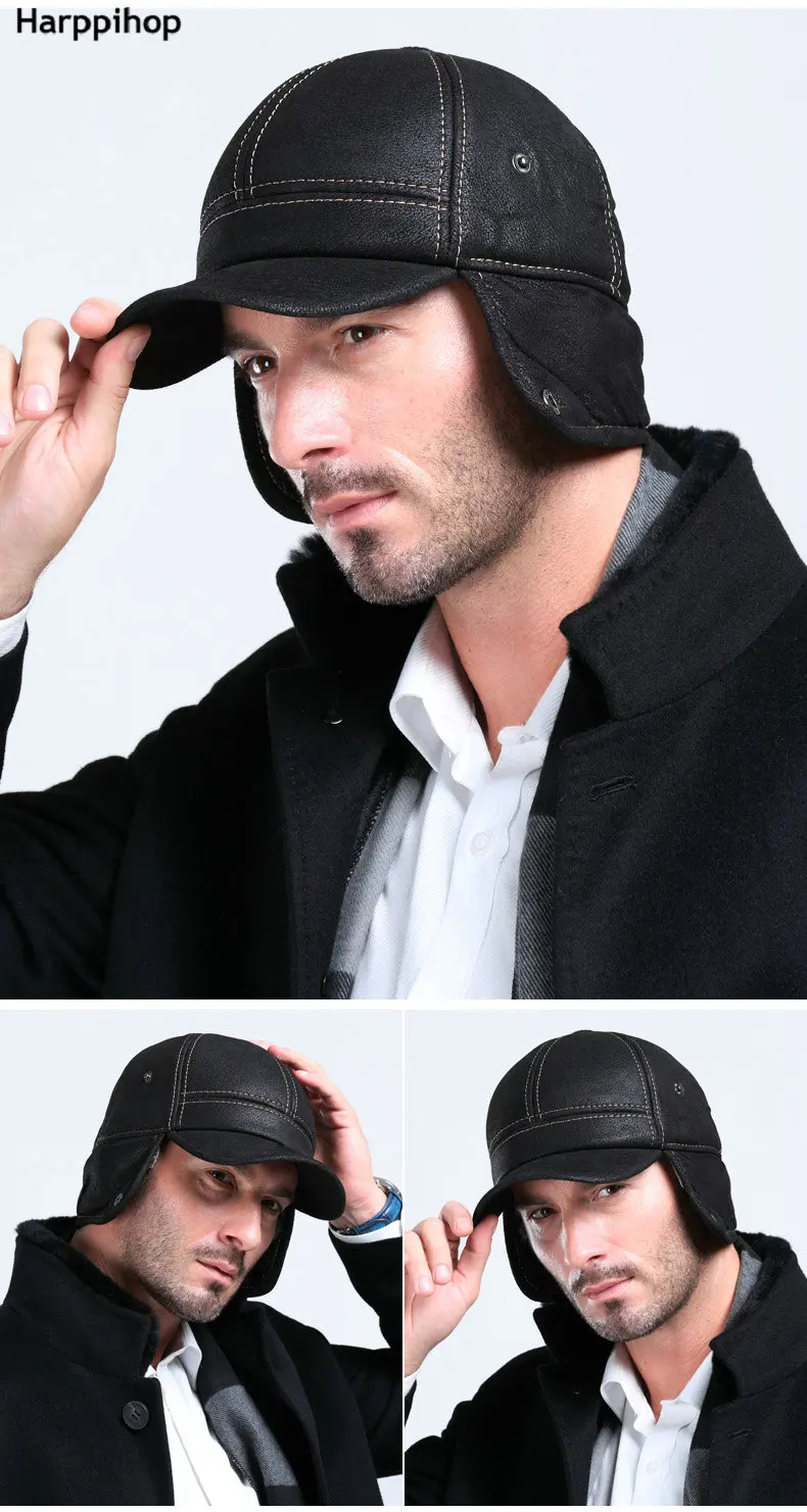 New New Fashion Men's Scrub Genuine Leather baseball Winter Warm baseball Hat / Cap 2colors bomber trapper hat