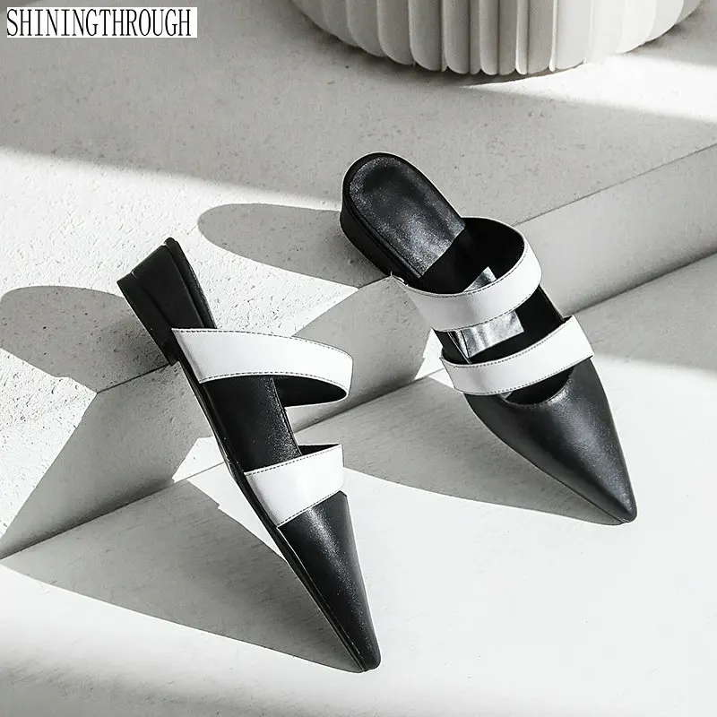 

2019 Leather High Quality Pointy Sexy Slippers Fasciola Decorated med Heel Newest Comfortable Leather Mules Shoes