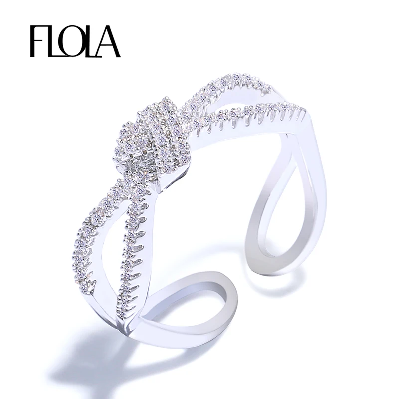 

FLOLA Knot Open Adjustable Finger Rings for Women Jewelry Silver Color Engagement Party Zircon Ring anel bague femme rigf58