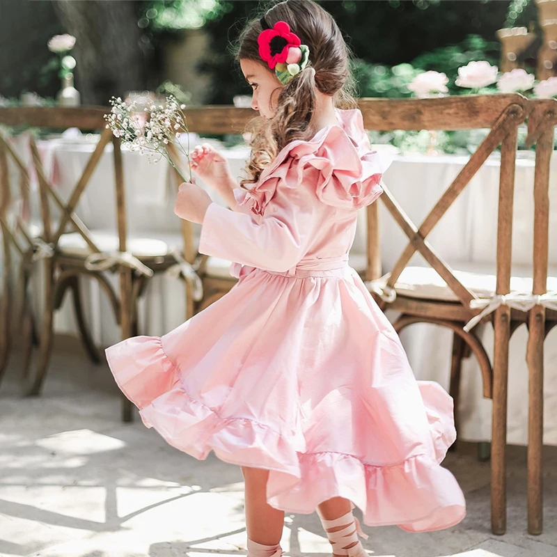 Винтажное платье принцессы для девочек; детское платье с длинными рукавами; платья с оборками для маленьких девочек; детские костюмы для вечеринки; цвет розовый