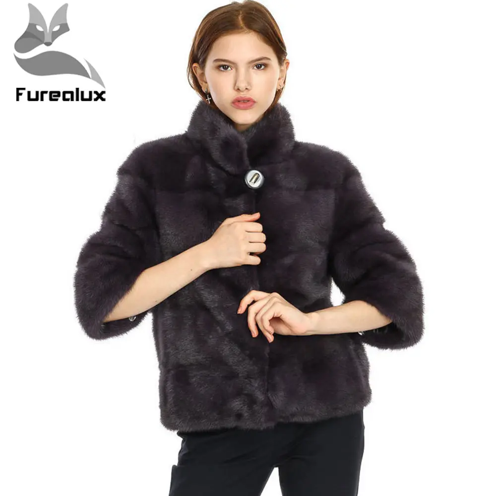 Шуба из меха норки Furealux серая короткая с воротником стойкой повседневная шуба
