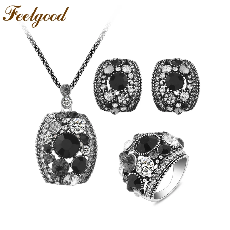 Feelgood Silver Color Vintage Jewellery Set White And Black Crystal Jewelry Sets With Necklace Stud Earrings Ring For Women Gift | Украшения