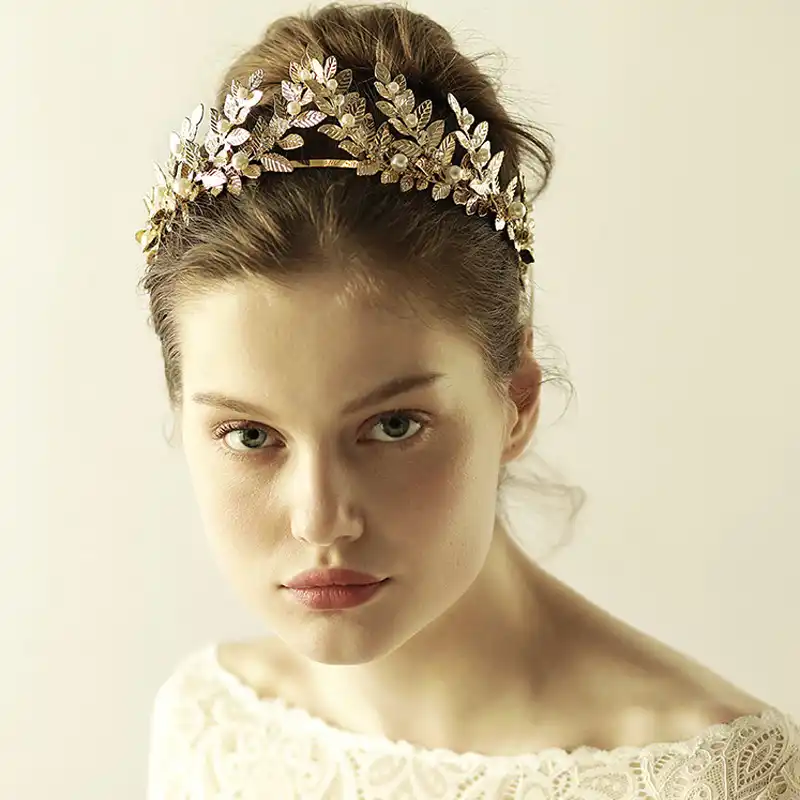 Gold Tiara Bridal Hair Accessories Crown Handmade Pearls Wedding
