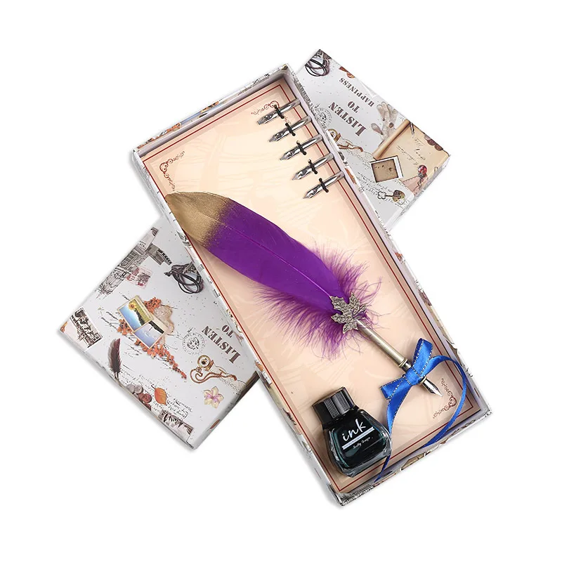 

1Set Calligraphy Turkey Feather Dip with 5 Nib Gift Quill Pen Writing Ink Set Gift Box Wedding Fountain Pen New Design