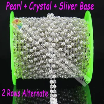 

5Y Pearl & Clear Alternate 2 rows Czech rhinestone diamanate chain with SS16 4mm crystals Sliver Gold For DIY accessories