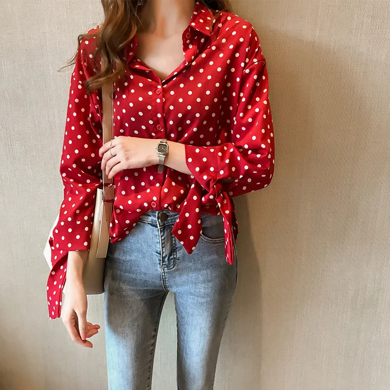 

Women Blouses 2019 Fashion Bow Long Sleeve Turn Down Collar Office Shirt Chiffon Blouse Polka Dot Shirt Blusas Femininas
