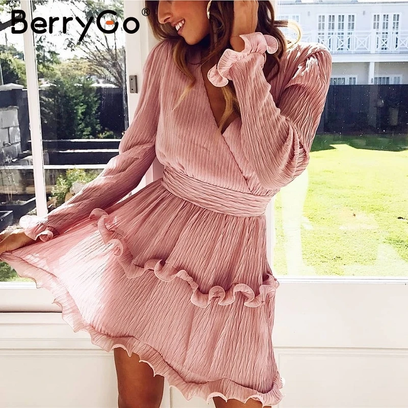 BerryGo элегантное Плиссированное шифоновое летнее розовое платье с v-образным