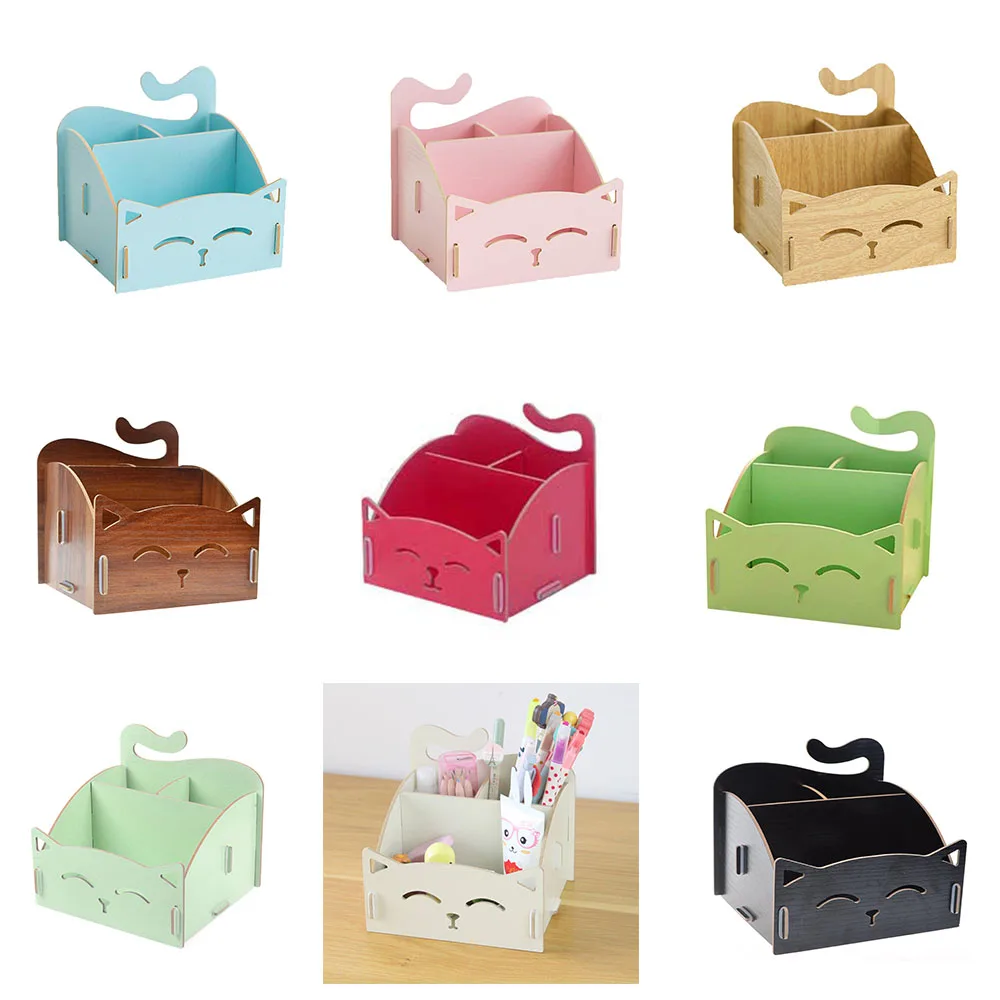 

XRHYY Pen Holder Creative Wooden Combination Cute Cat Pen Holder Small Multi-functional Storage Pencil Box Stationery Organizer