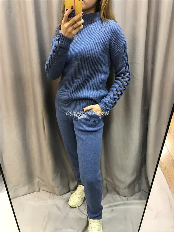 2018 зимний модный кашемировый костюм невысокая горловина с рукавами ручной работы, свитер, повседневные брюки, два комплекта кашемировый