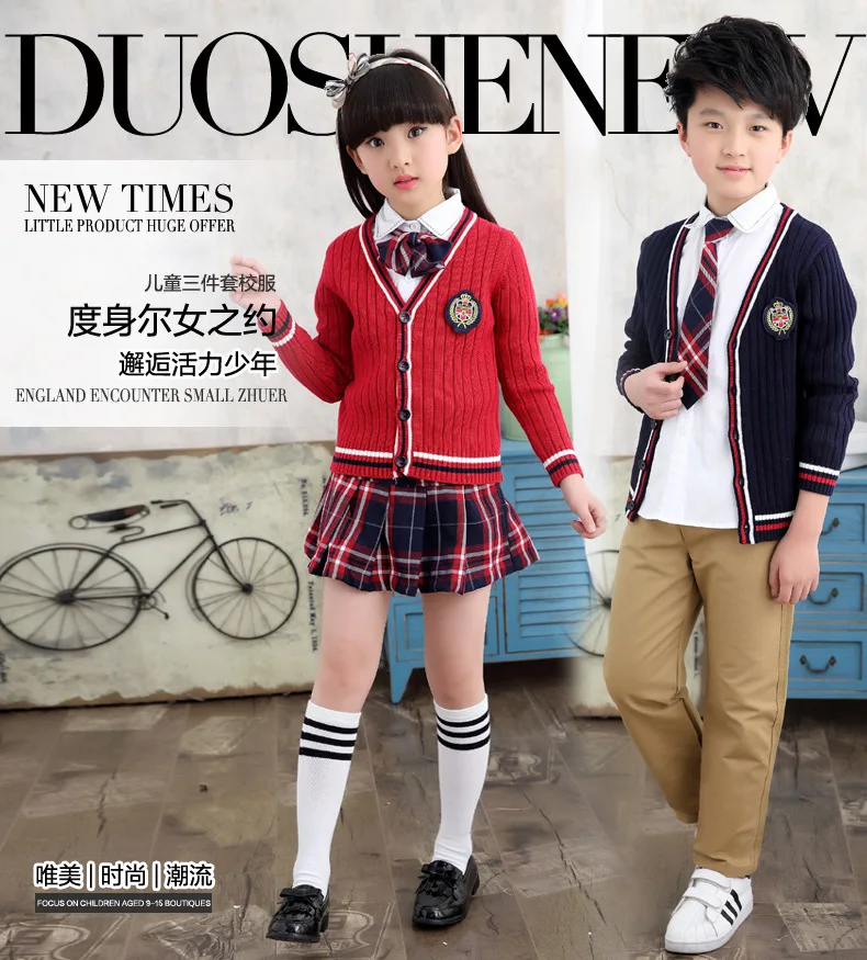 

4-15Y Kids Clothing Sets 4pcs Long Sleeve Blouse + Sweaters + Tie + Pants / Skirts Boys Clothes Set Teenage Kids Girls Suits