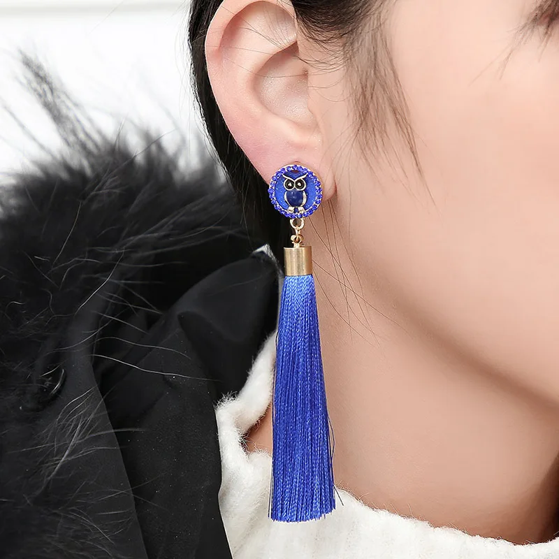IMG_4454 Trendy Drop Earrings OwlAnimalWomenLongBohemianDangleBlueBalckMetalBohoGold Tassel Earrings 2018 Jewelry