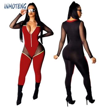 

INMOTENG Women Mesh Stripes Patchwork See Though Sexy Skinny Bodycon Jumpsuit Sporty Zipper Up Plus Size Romper Club Playsuit