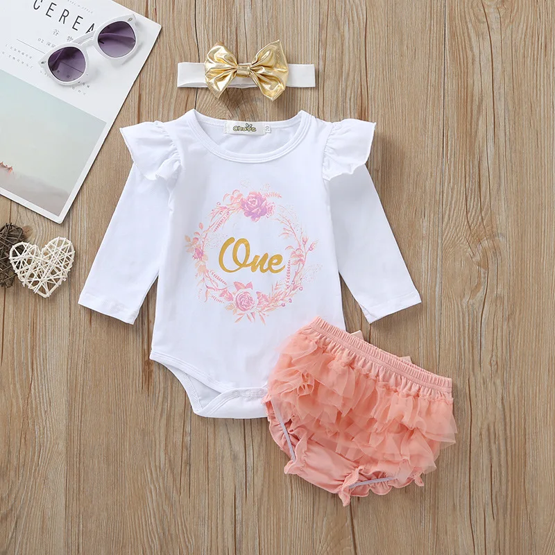 

3 Pieces Sets Newborn Baby Girl Clothing 2019 Summer Cotton Romper+Shorts+Headband Infant Baby Girls Outfits