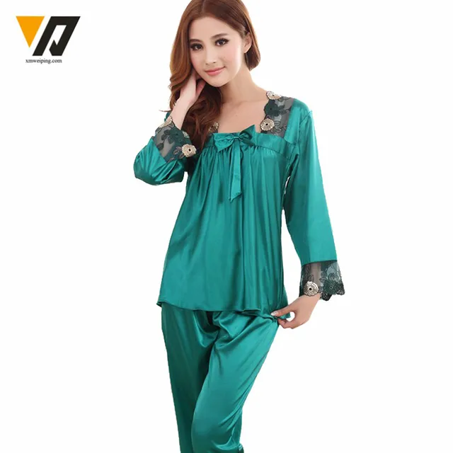 Womens Silk Pajamas Sets Spring Summer Female Lace