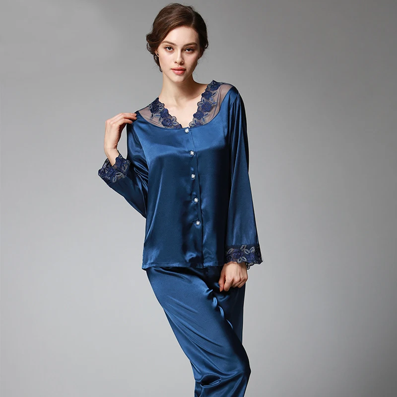 Image SSH037 Spring Autumn Women Satin Silk Pajama Set Sleepcoat Sleep Pant High Quality Lady Nightdress Female Sexy Sleepwear Pajamas