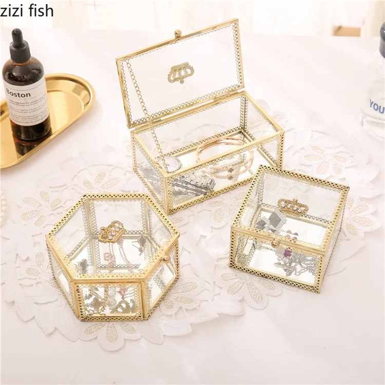 

Retro glass Jewelry Box Jewelry storage box European style earring Ring necklace cosmetic Golden storage box