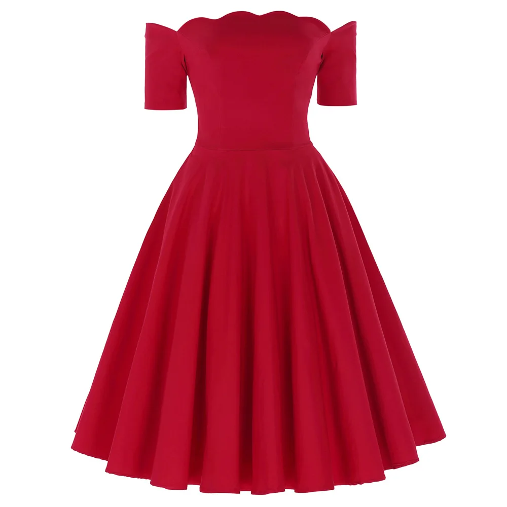 Элегантное платье в стиле ретро, винтажное, женское, 50 s, 60 s, плиссированное, однотонное, с коротким рукавом, с открытыми плечами, до колена, расклешенное, а-силуэт, вечерние платья, vestido - Цвет: Red