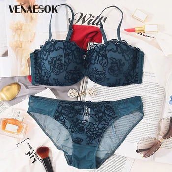 

Super Gather Brassiere Cotton Thick Push up Bra Panties Set Women Lingerie Deep V Bra Green Lace Sexy Underwear Set Embroidery