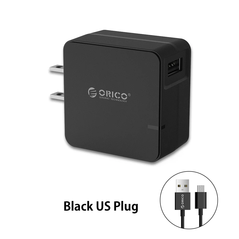 ORICO QCW-1U Quick Charge 2,0 быстрое USB ЗУ для мобильного телефона для samsung S5 S6 LG с 80 см Micro USB кабелем - Тип штекера: Black US Plug