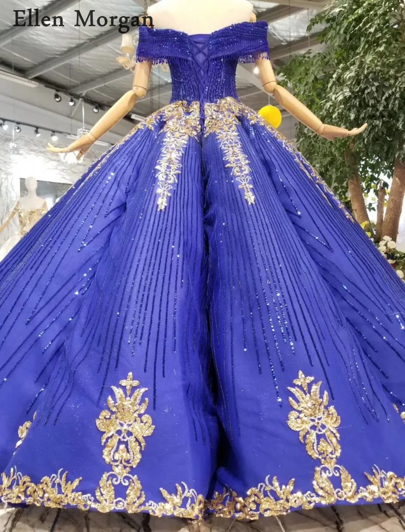 Stunning Royal Blue Ball Gowns Evening Dresses Saudi Arabian Off Shoulder Glitter Lace Elegant Formal Prom Party Gowns