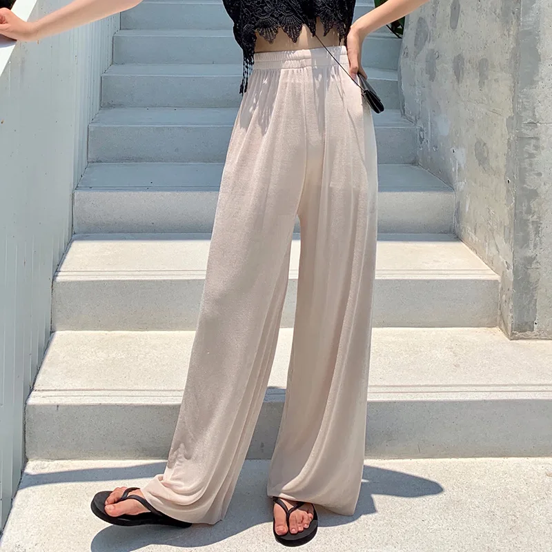 

Daeyard Women Summer Thin Silk Trousers Wide Leg Loose Pants Casual Trouser High Waist Long Fashion Sweatpants Large Size