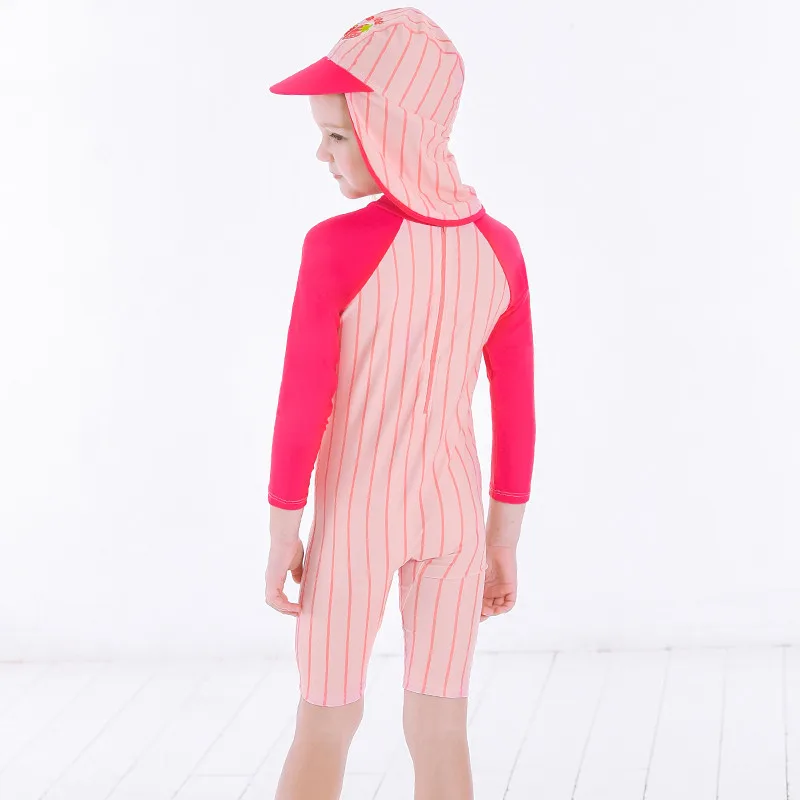 Розовая детская одежда для купания детский купальный костюм для девочек, цельный купальный костюм в полоску с длинными рукавами и защитой от солнца От 2 до 12 лет