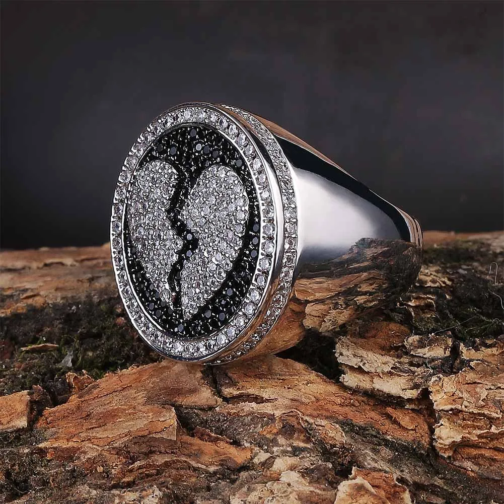JINAO, Новое Стильное кольцо с разбитым сердцем, хип-хоп покрытие, полностью покрытое льдом, Шикарное Кольцо, микро проложенный кубический циркон, камни, круглые кольца для мужчин, подарок