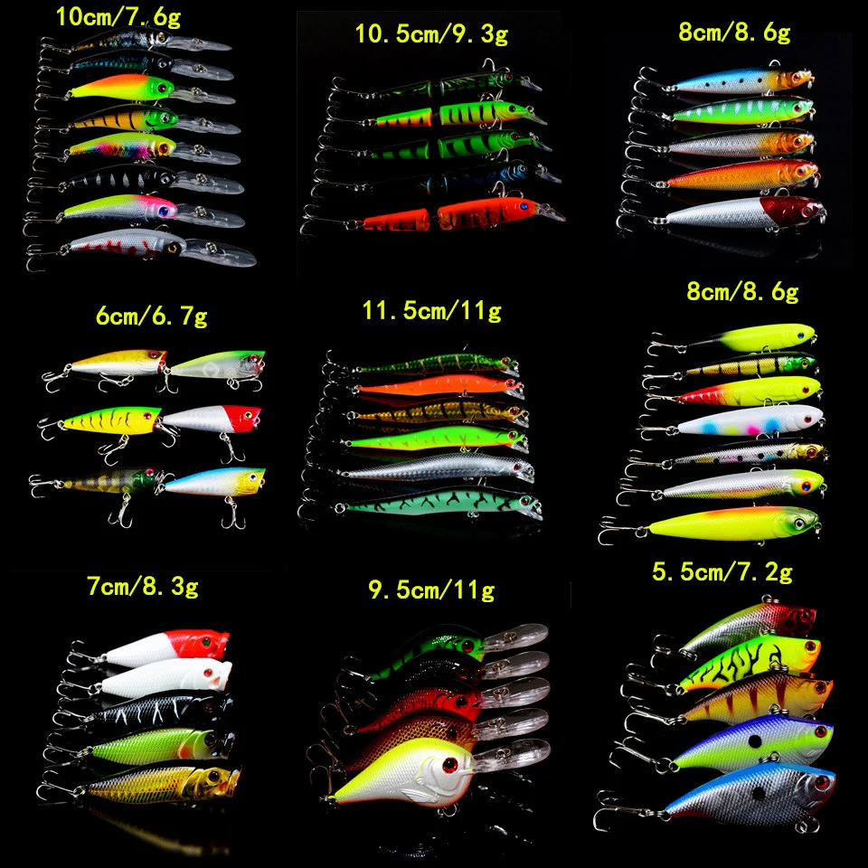 Iscas de Pesca da Carpa Isca de Peixe Lote Mista Minnow Crank Popper Vib Lápis Isca Cores Enfrentar Qualidade Profissional 52 Pçs - 5 Minnow Crank Popper VIB Lápis Isca 52