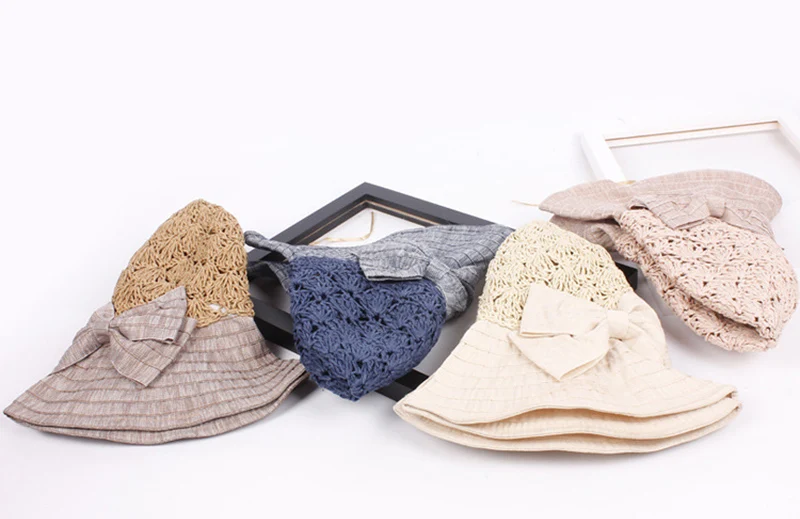 Women Patch Splicing Straw Hat Fashion Wide Brim Bow Cap Ladies Headwear Summer Travel Outdoor Beach Sun Hats CP0196 (7)