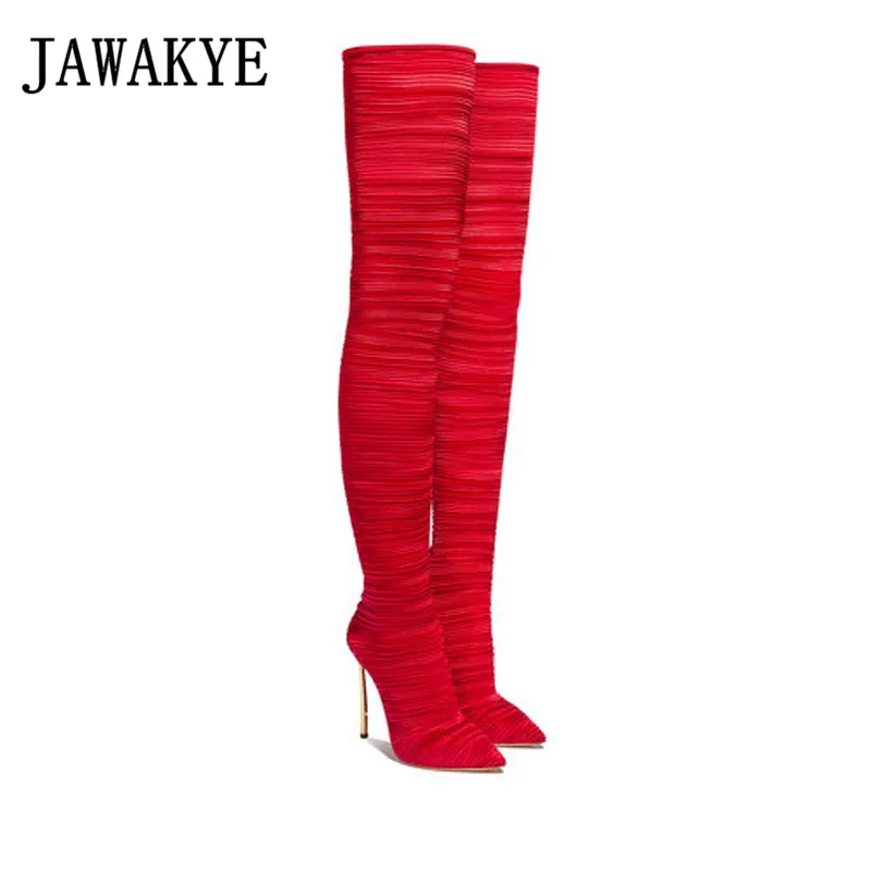 Ranway elastic over the knee boots women sexy pointed toe super thin high heels shoes ladies slim thigh high boots for women