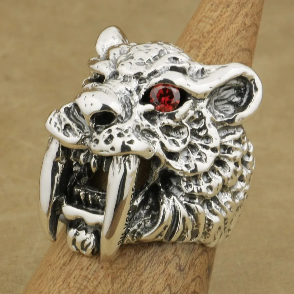 

Red CZ Eye Sabretooth Ring 925 Sterling Silver Mens Biker Rock Punk Tiger Ring TA17 US Size 7~15