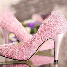 Romantic Pink lace rhinestone pearl wedding shoes all-match perfect bridal shoes customize High Heeled Dress Shoes All match