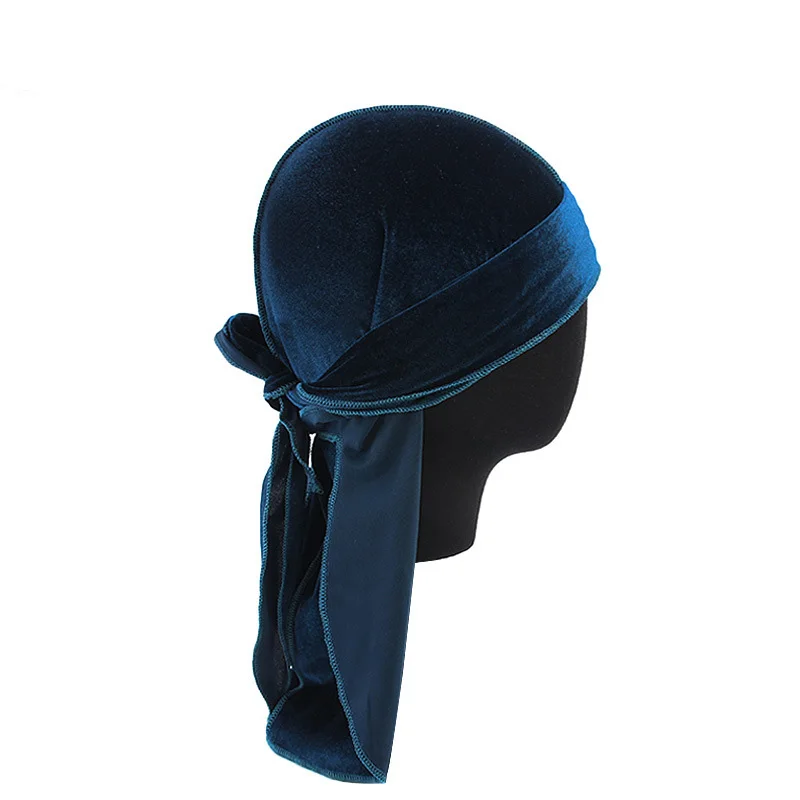 Модная бархатная Кепка Durag для женщин, мягкая шапка-тюрбан, головные уборы с удлиненным хвостом черного и синего цвета, аксессуары для волос Do Doo Du Rag - Цвет: Сиренево-синего цвета