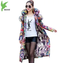 Women Winter Jacket Coats Lengthened Down cotton Parkas Print Hooded Jackets Plus size Thick Warm Female Cotton Coats OKXGNZ1133