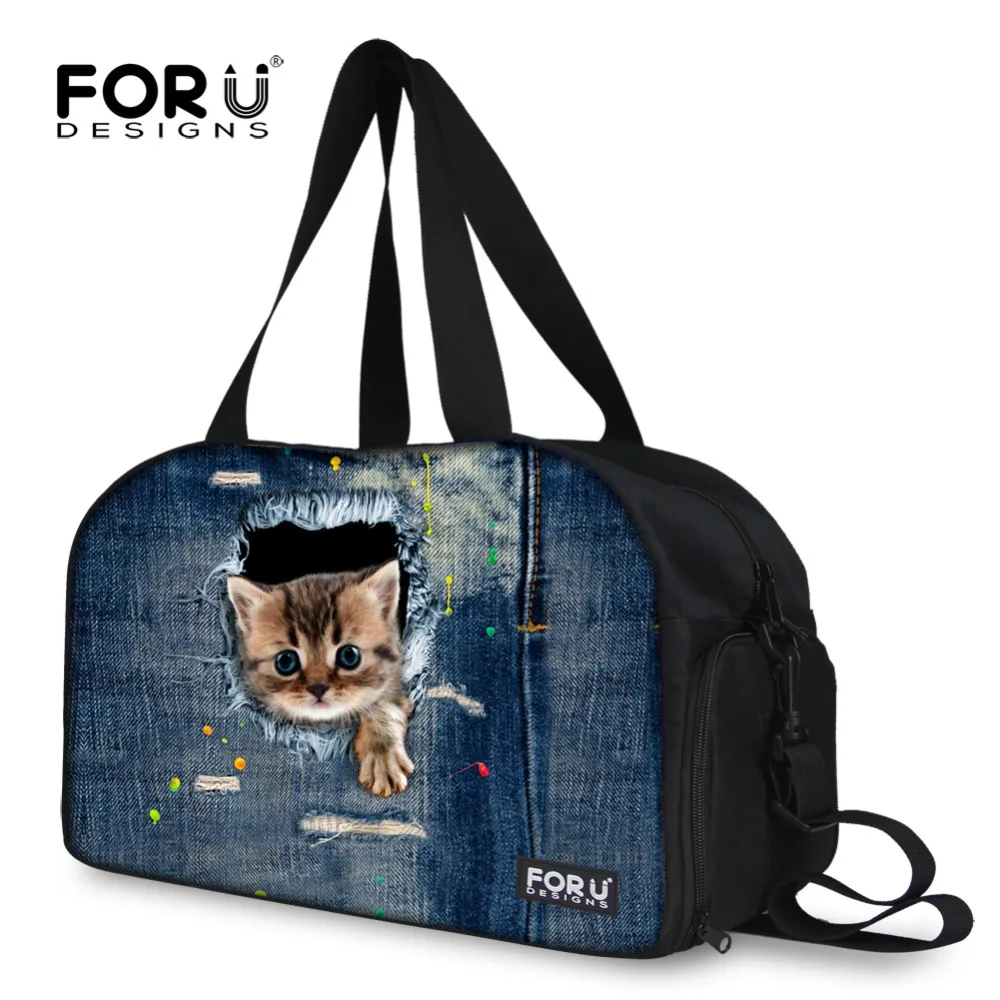 

FORUDESIGNS Denim Pet Cat Animal Print Canvas Women Travel Duffle Bag Large Capacity Travel Bag Female Travel Duffel Tote Bags