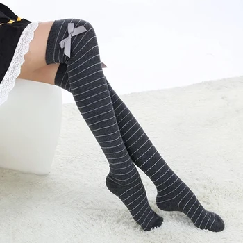 

Autumn Winter Women Girls Long Striped Stockings Bowknot Decor Above Knee Sweet Lolita Stockings