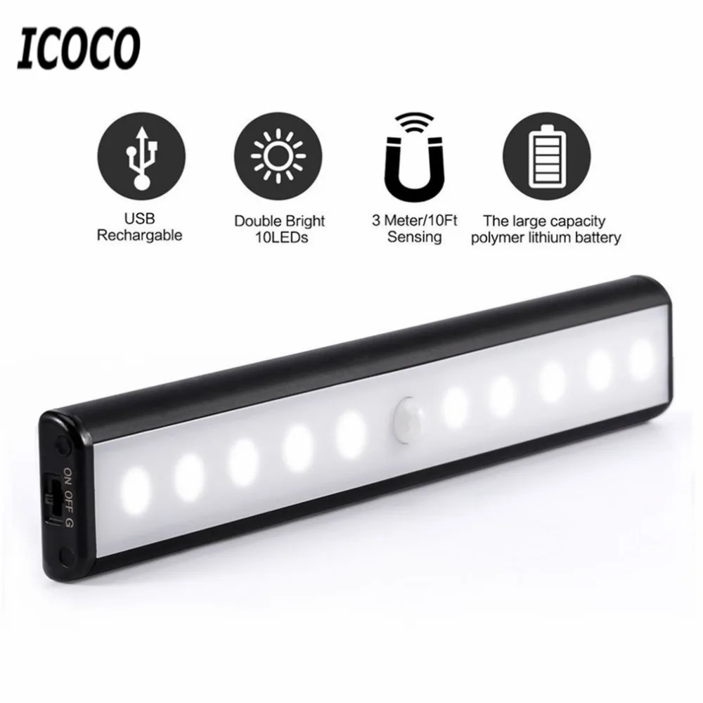 

Wireless Motion Sensor LED Night Light USB Rechargeable Magnetic Ultra Bright 10 LED Closet Lights 3 Meter Cabinet Wall Lamp