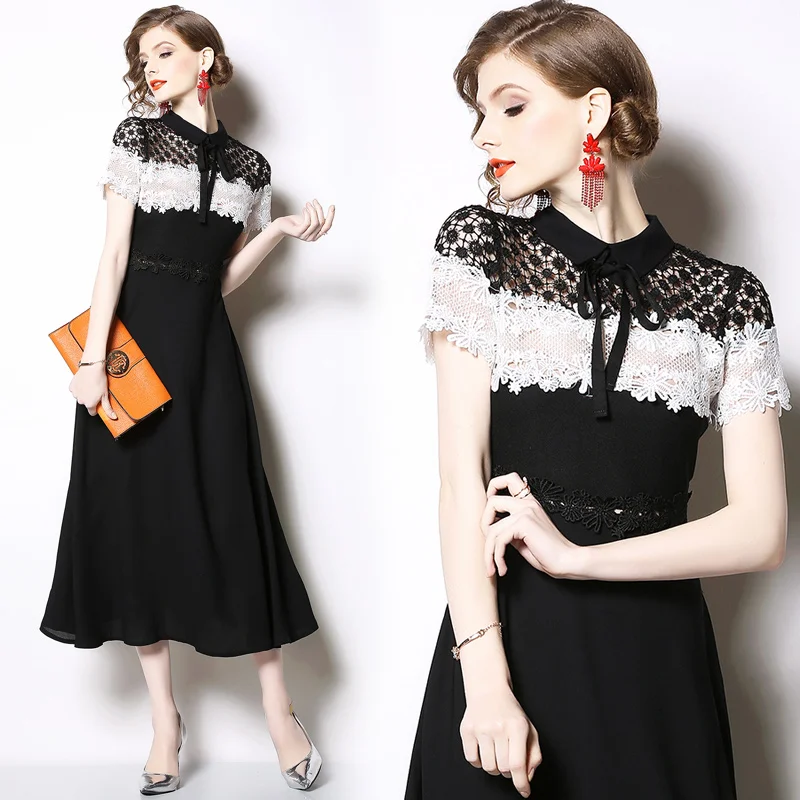 

2019 New Runway Women Elegant Bow Dress Embroidery Lace Patchwork Chiffon Long Party Dress Summer Hollow Out dresses Vestidos