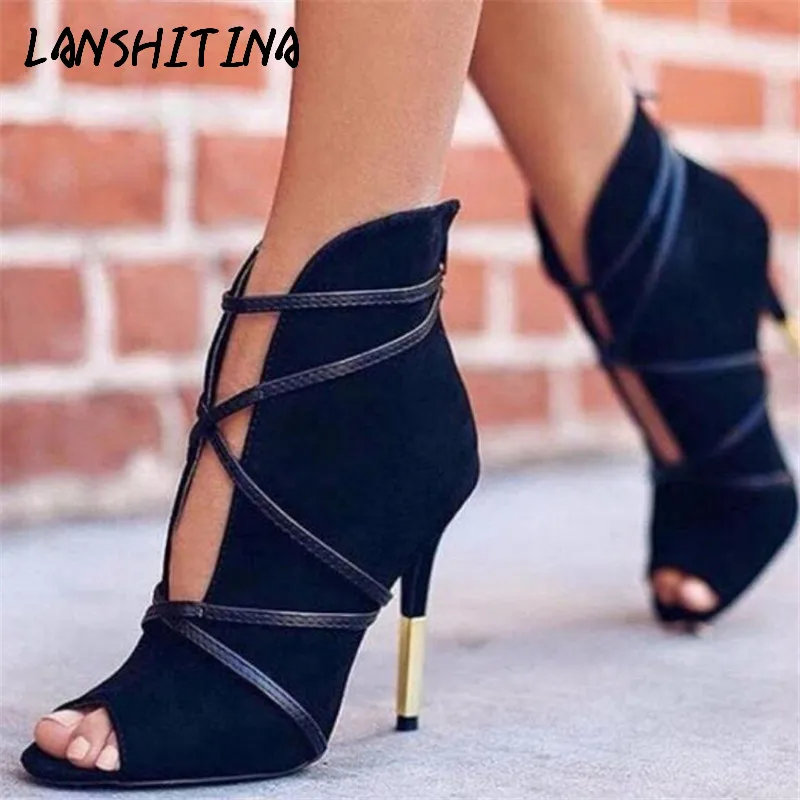 

2019 Spring New Fashion Woman High heels Faux Suede Pumps Sexy Open Toe Ankle Boots Slip On Cut High Heel Lady Autumn Shoes 43