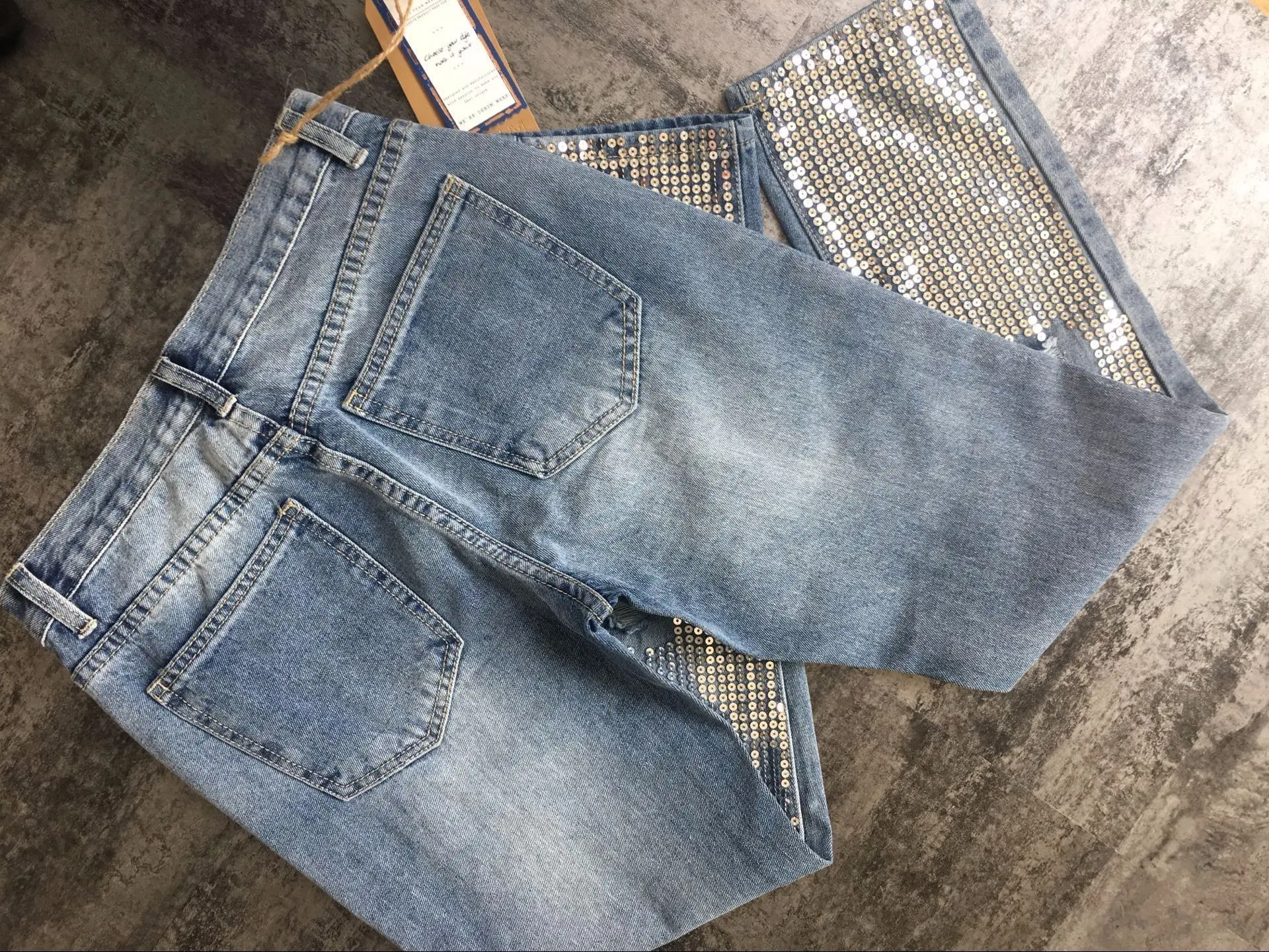 Пайетки Рваные джинсы брюки Для женщин Винтаж Distressed Denim брюки Новая модная уличная ботильоны-Длина середины талии джинсы-бойфренды