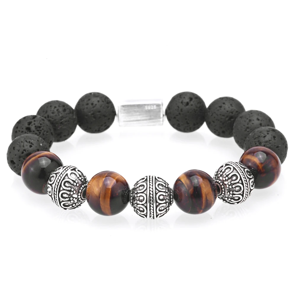 

Mcllroy Beaded Bracelets Bracelet men Thai silver 12MM Tiger eye Lava beads Hand made bracelet Pulseira masculina 2019 fashion