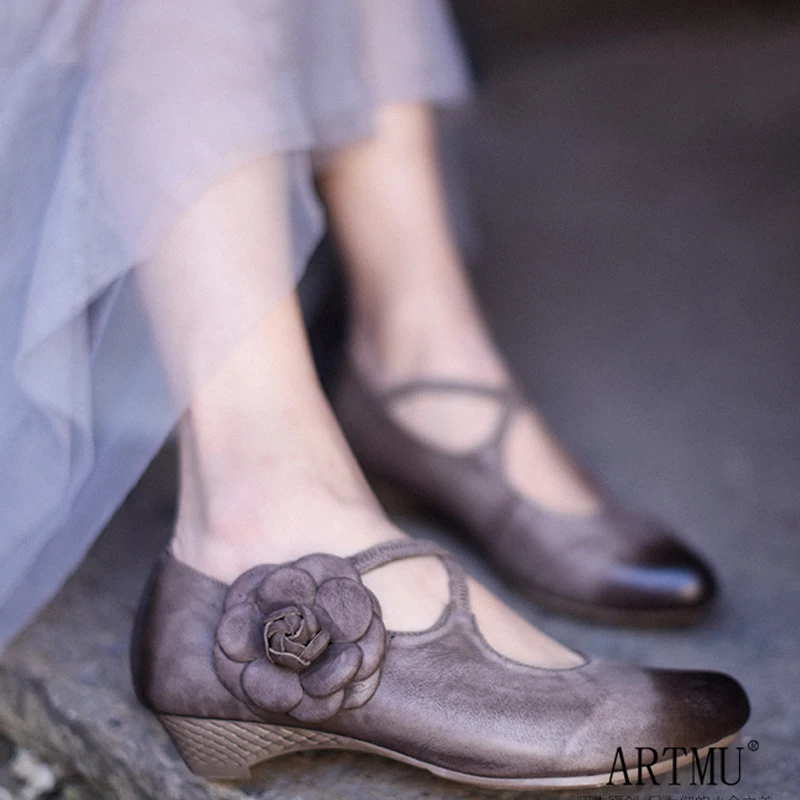 

Artmu Original Vintage Flowers Women Shoes 3 cm High Heels Woman Pump Female Casual Handmade Genuine Leather Shoes Chinese Style