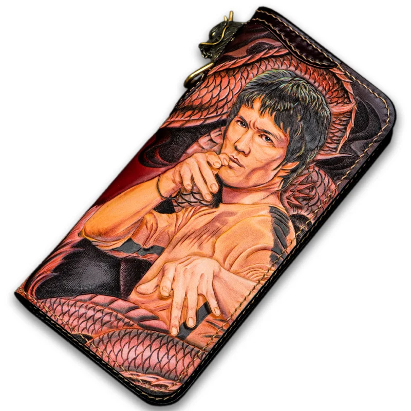 

High-grade Handmade Superstar Bruce Lee Wallets Colour Zipper Purses Men Long Clutch Vegetable Tanned Leather Wallet Card Holder