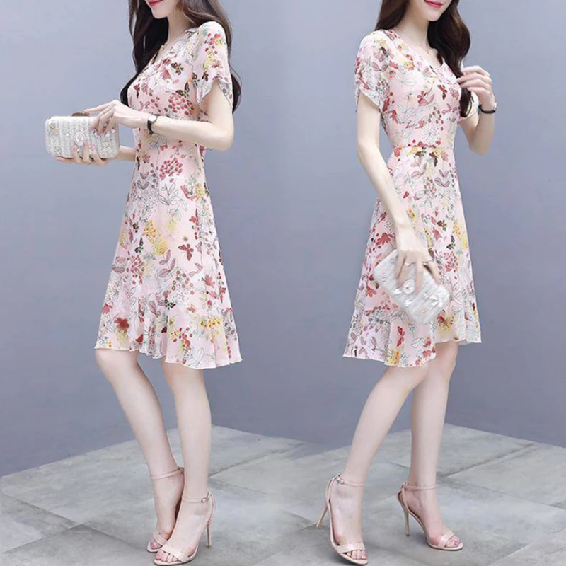 

Yfashion Fashion Elegant Dress Women Slim Short Sleeve Floral Dress Women Summer Dresses Office Lady Pink Dresses