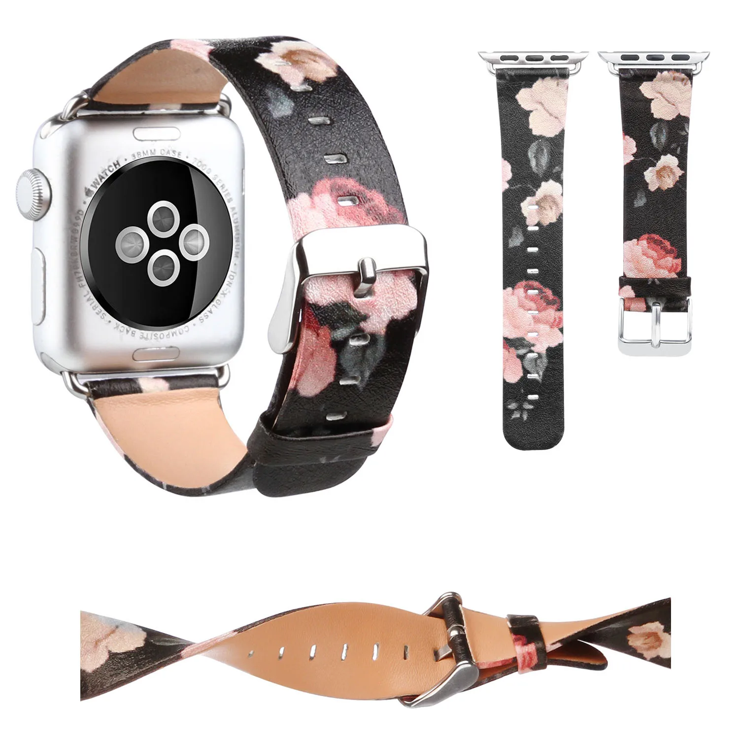 Черный кожаный ремешок для Apple Watch Series 3 2 1 с принтом розы iWatch 38 мм 42 адаптерами|strap