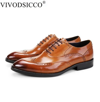 

VIVODSICCO New Breathable Dress Genuine Leather Carved Style Pointed Toe Slip-On Wedding Business Wedding Shoes calzado hombre