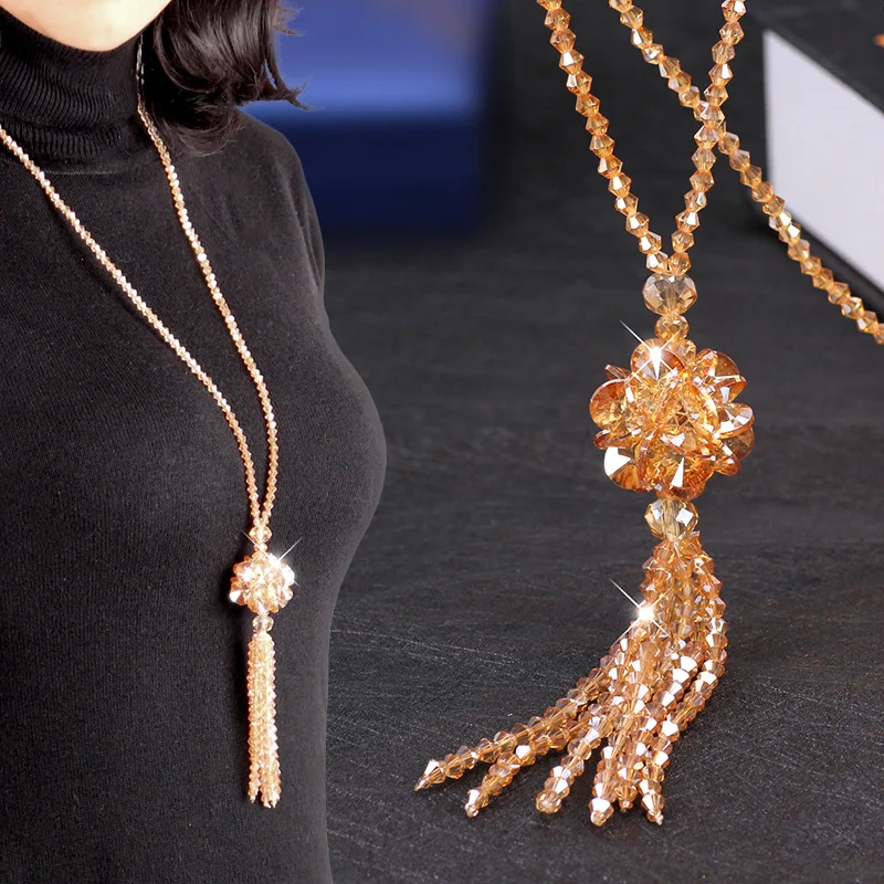 Heeda корейское длинное ожерелье с хрустальными бусинами для женщин, осенне-зимний свитер Джокера, цепочка, мода, Kpop, подвеска с кисточкой, украшение на шею
