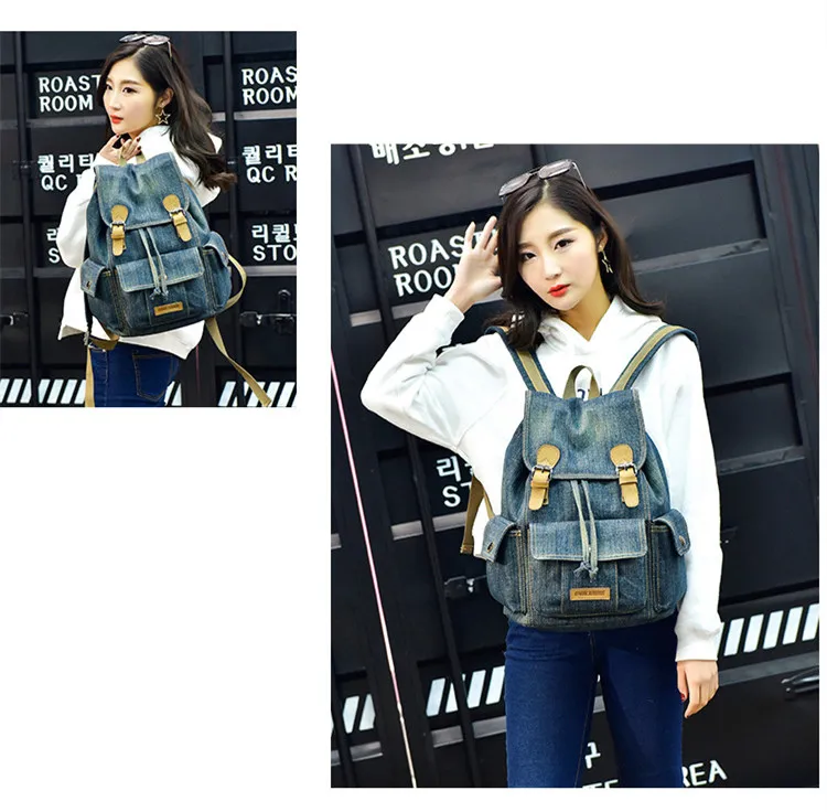Micom Vintage Denim Backpack Women Mens Backpacks for Travelling School Bags For Teenagers Girls Large Capacity Drawstring Belts (5)
