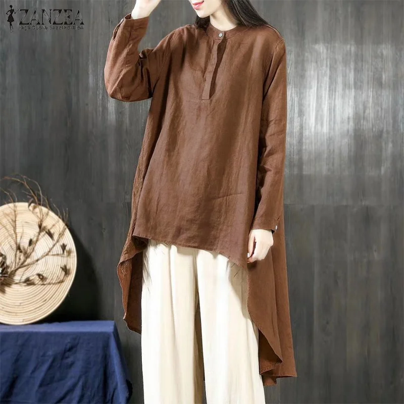 

ZANZEA 2019 Vintage Asymmetrical Hem Blouse Women Solid Linen Top Female Button Down Shirt Ladies Casual High Low Hem Blusas 5XL