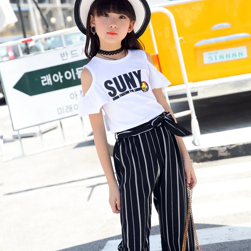 

Girls Fashion Strapless Suit Letter T-shirt + Stripe Pants Girls Clothes Set 2018 New Children's Set 4-15 Years Kids Summer Wear